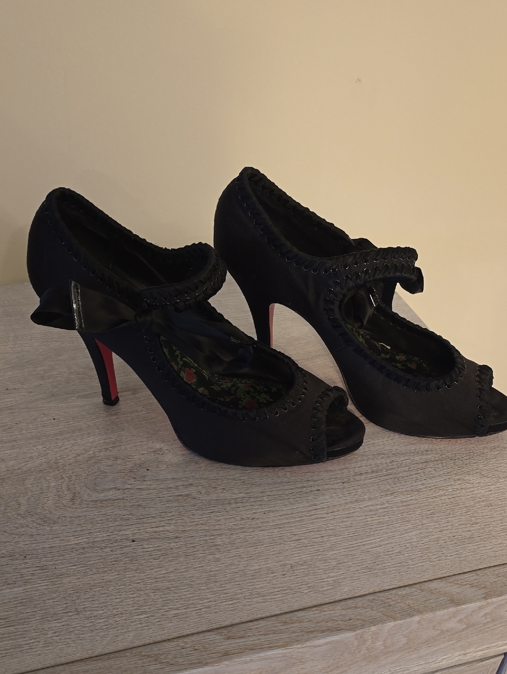 Vintage Black Peep-Toe Mary Jane Heels with Bow